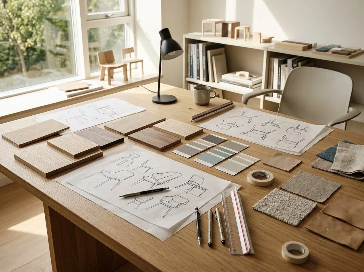Design studio, sketches and material samples